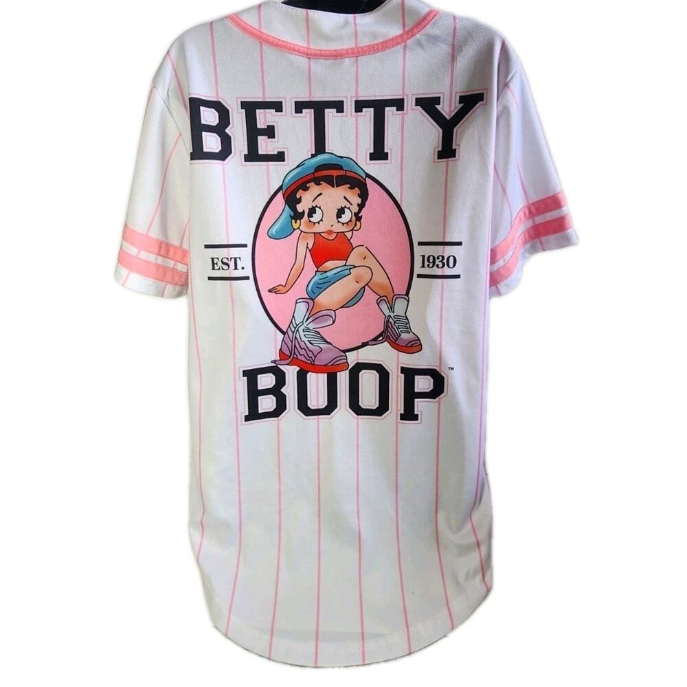 Women's Betty Boop Baseball Jersey Pink Pinstripe Button Shirt Retro 40" Chest